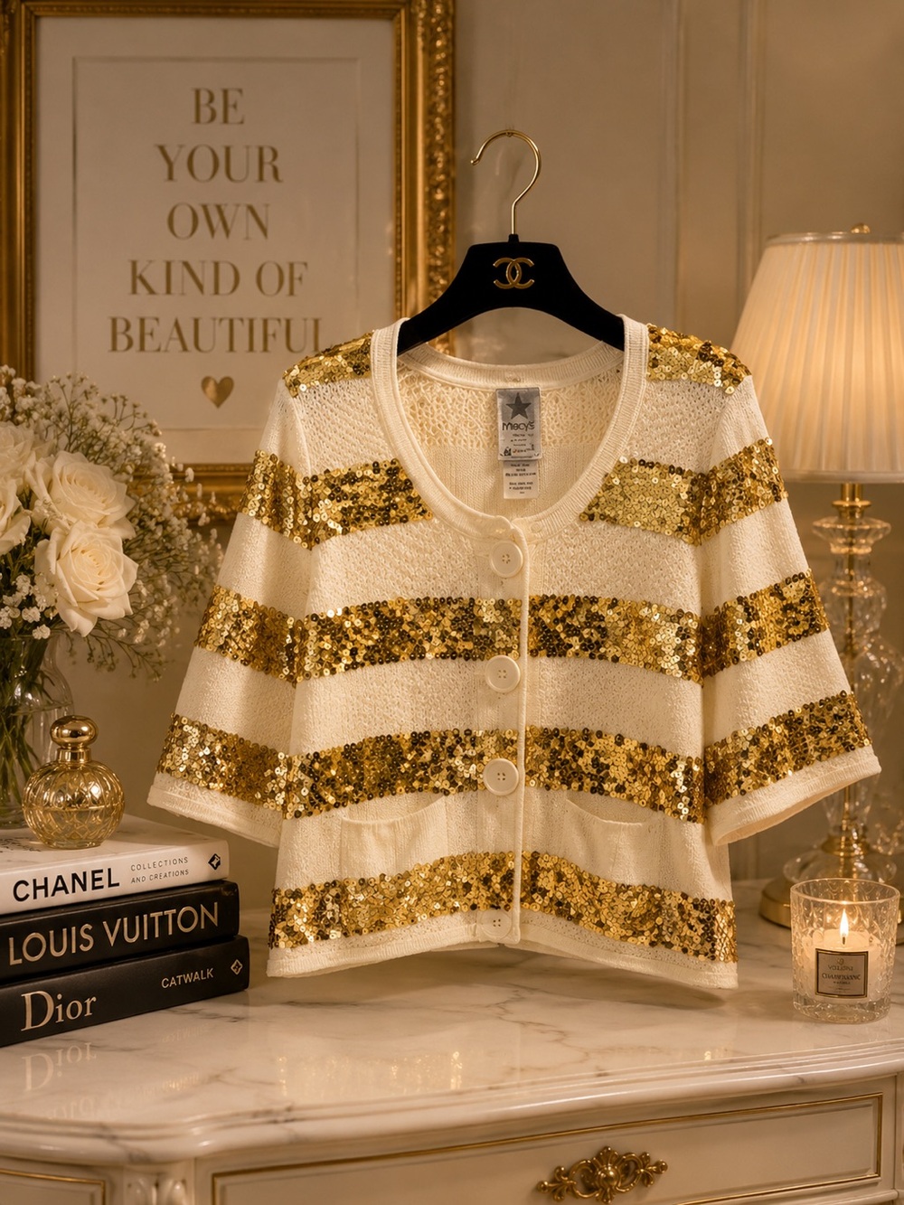 Cream button cardigan with gold sequence size M